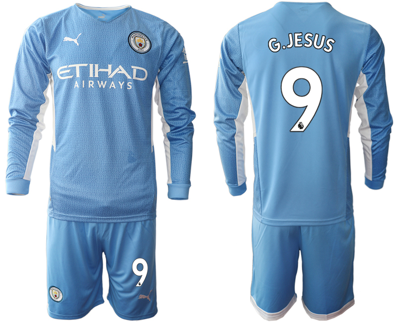 Men 2021-2022 Club Manchester city home Light blue Long Sleeve #9 Soccer Jersey